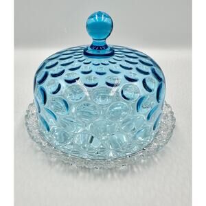 Hobb's Blue Inverted Thumbprint Victorian Glass Butter Dish Daisy & Button Base